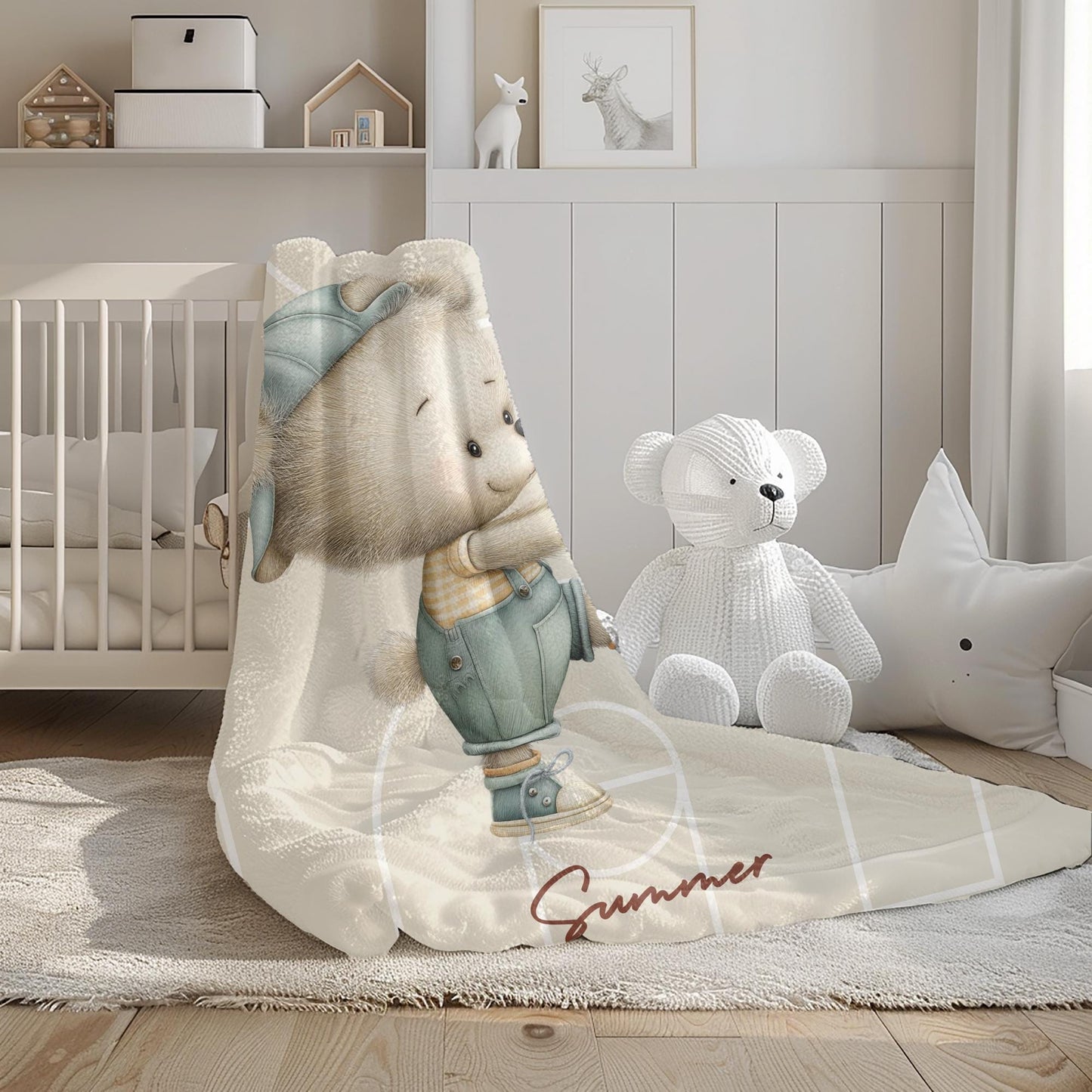 Basketball Bear Nursery Rug – Cute Sports Theme Rug for Baby Boy Room, Playroom mat