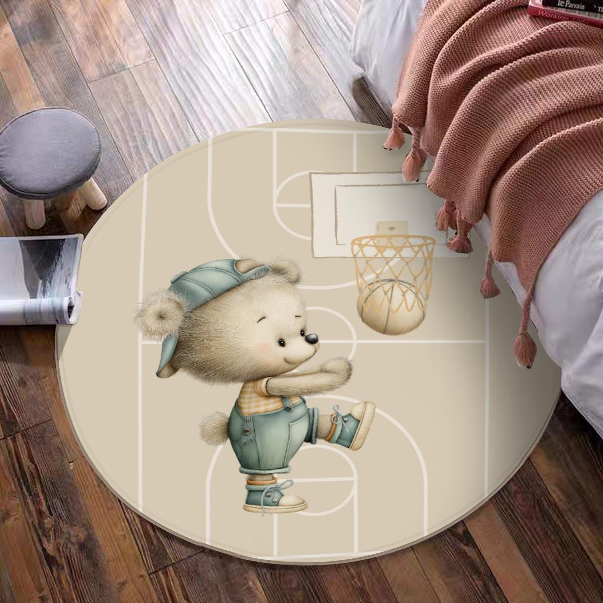 Basketball Bear Nursery Rug – Cute Sports Theme Rug for Baby Boy Room, Playroom mat