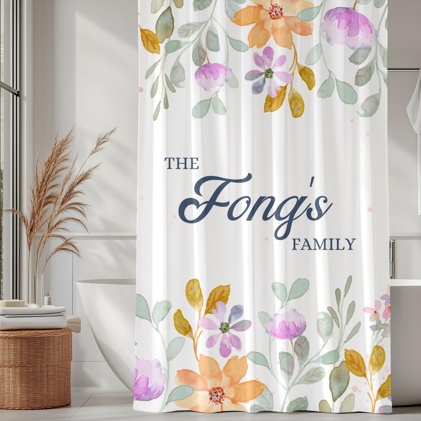 Personalized Floral Shower Curtain – Custom Name Bathroom Decor for Couples, Wedding or Housewarming Gift