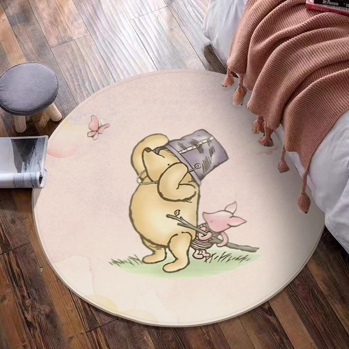 Personalized Winnie the Pooh Nursery Rug – Custom Name Round Area Rug, Gender-Neutral Baby Shower Gift