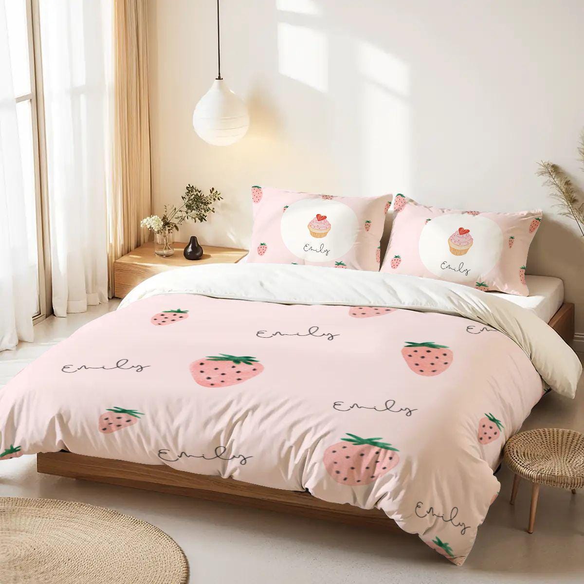 Custom Name Strawberry Bedding Set for Girls