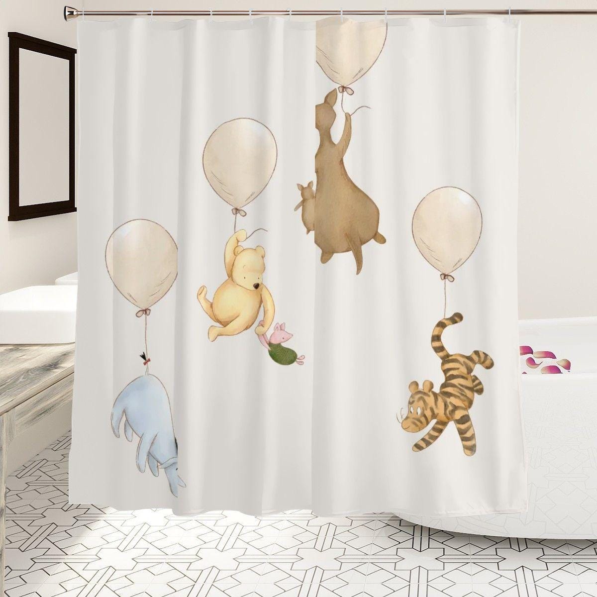 Winnie the Pooh Shower Curtain – Eeyore, Piglet & Roo with Balloons | Kids Bathroom & Nursery Decor