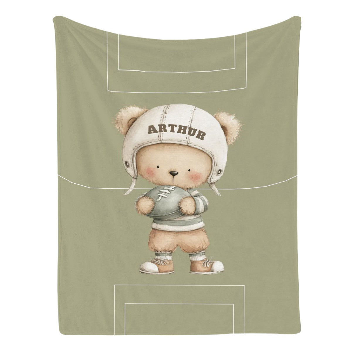 Personalized American Football Bear baby blanket, sports-themed nursery keepsake.
