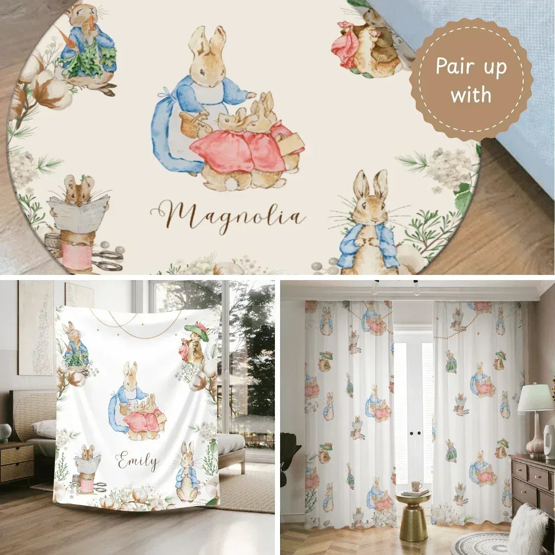 Cohesive vintage bunny nursery theme set with blanket, rug, and curtain, complete storybook room decor.