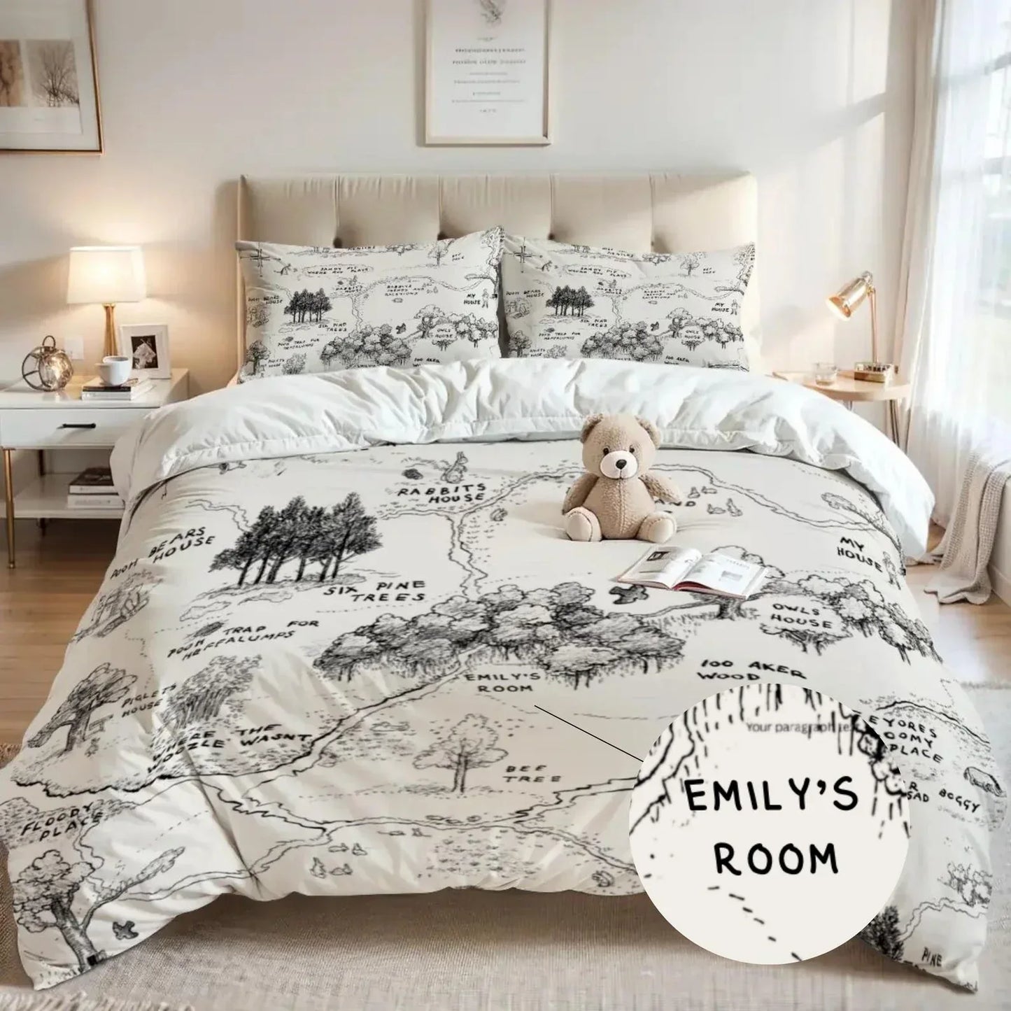 Personalized Winnie the Pooh Hundred Acre Wood map nursery bedding set, storybook floor decor.