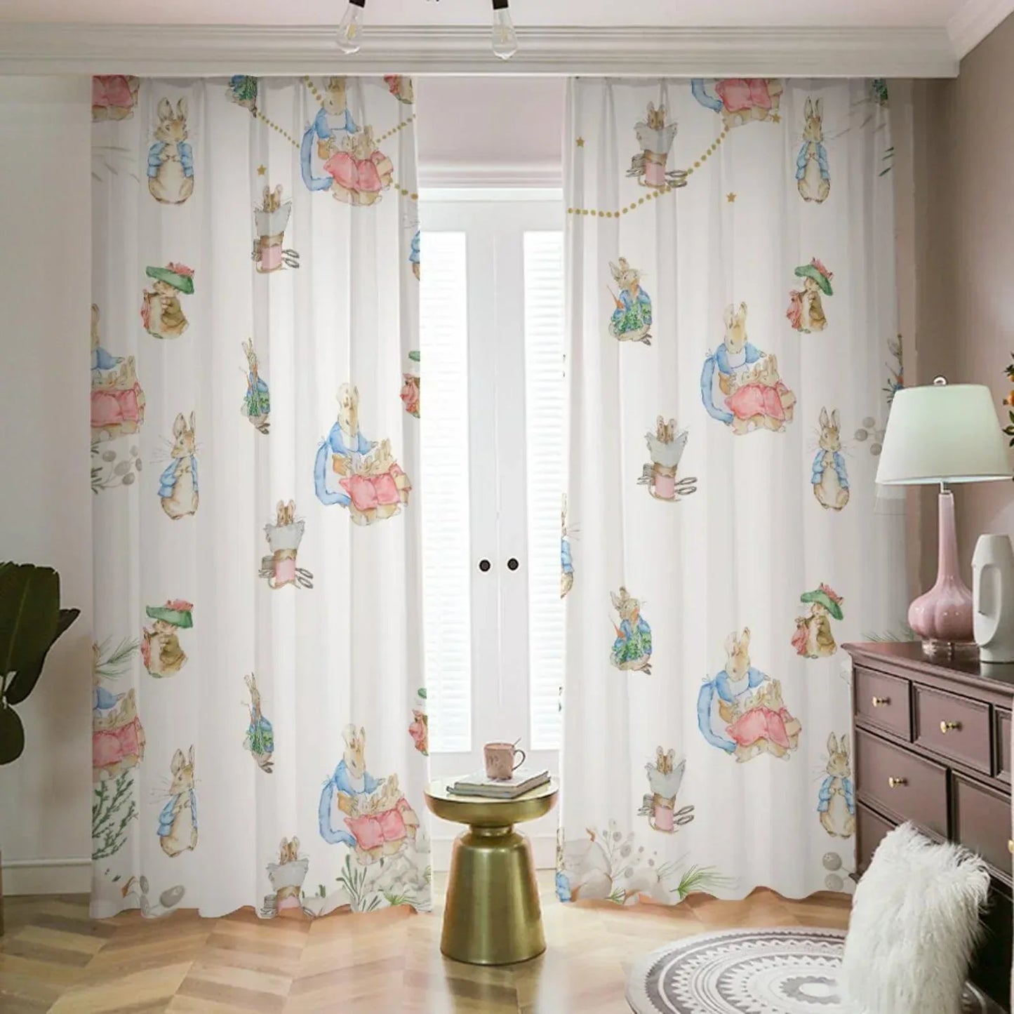 Personalized Peter Rabbit nursery curtain with custom name, storybook floor decor.