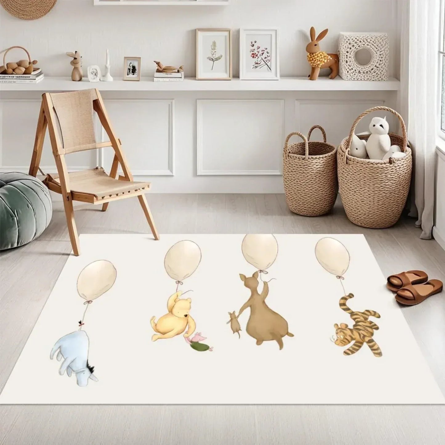 Winnie the Pooh and friends balloon rug styled in a modern nursery playroom.