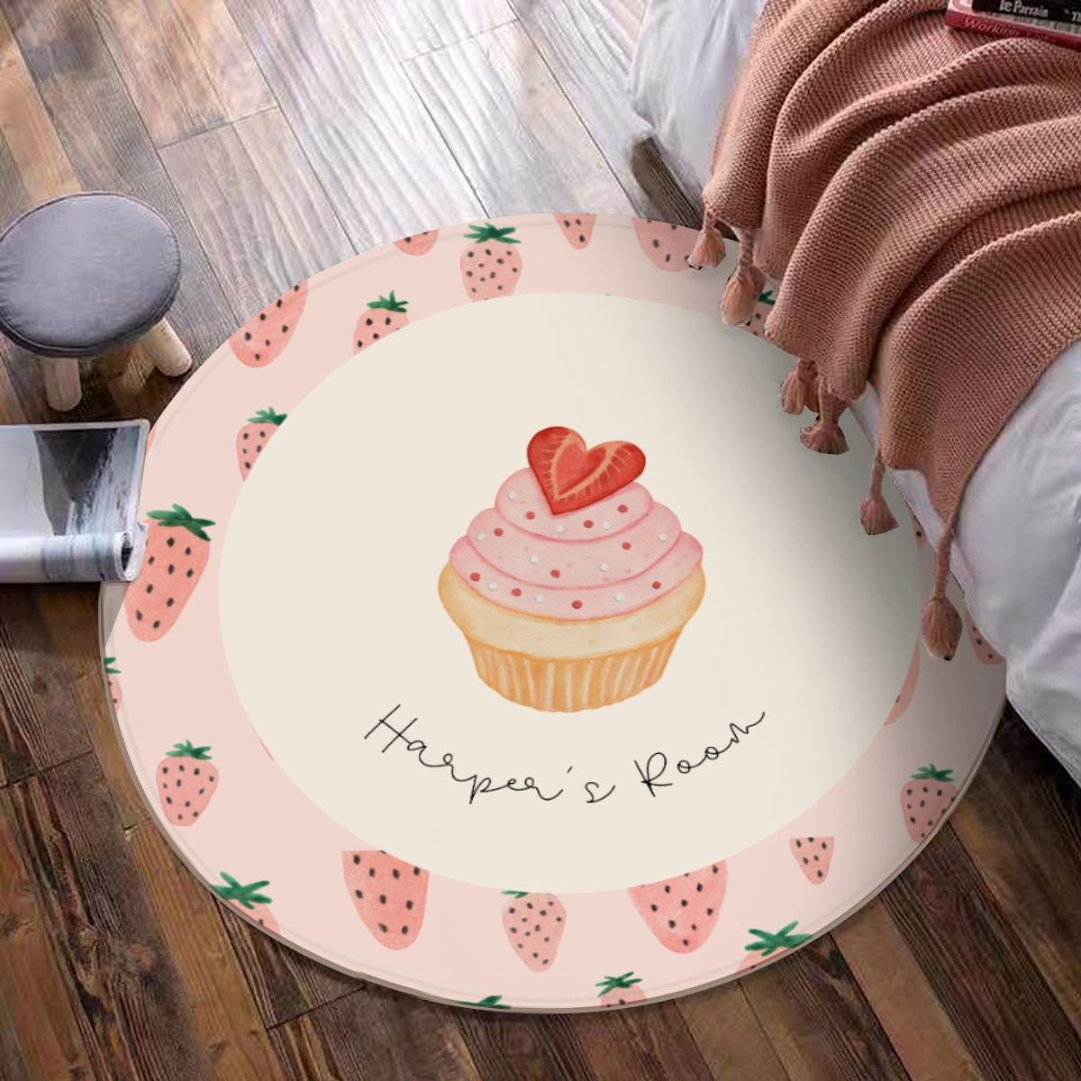 Custom Name Strawberry Cupcake Round Rug – Personalized Carpet for Girls