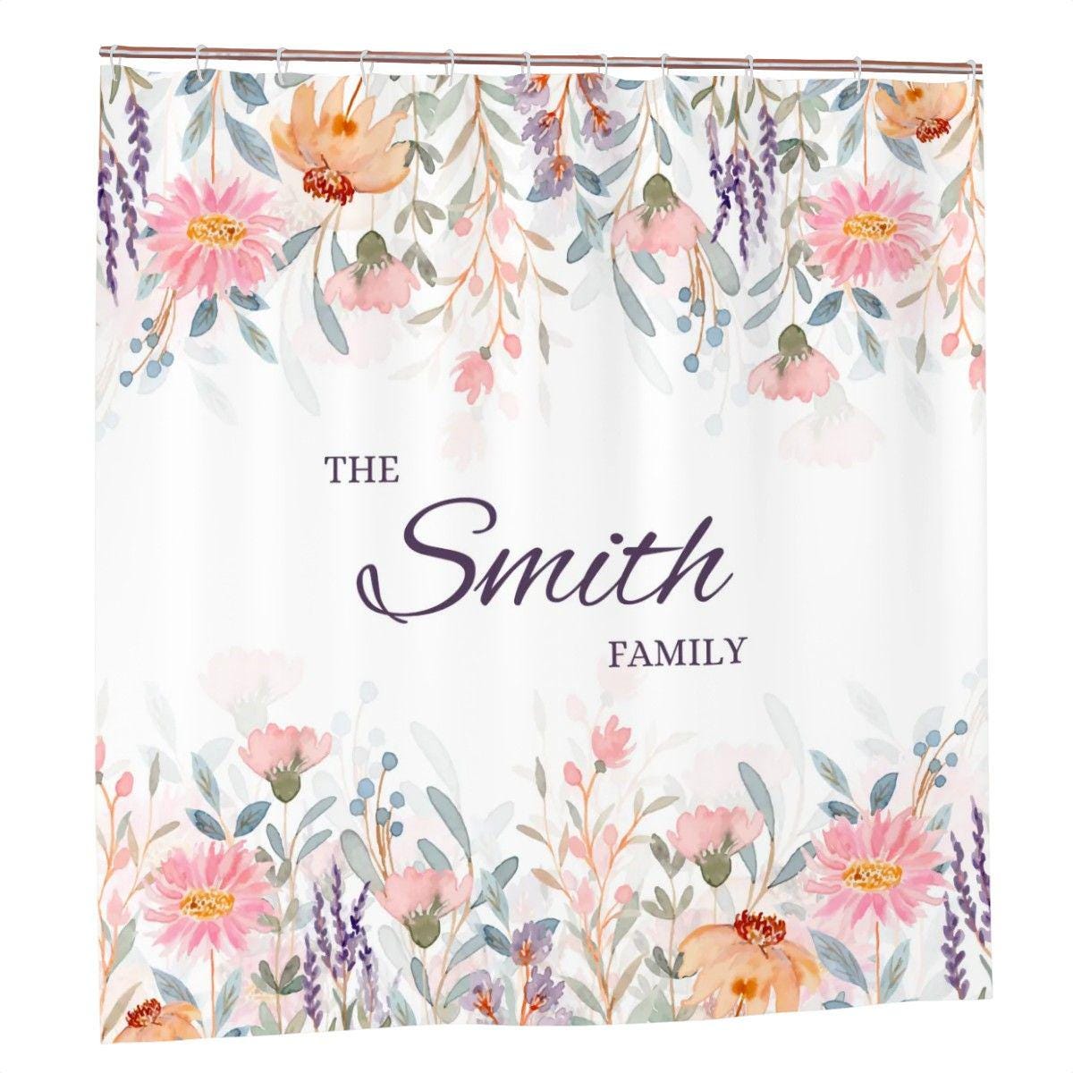 Personalized Floral Shower Curtain – Custom Name Bathroom Decor for Couples, Wedding or Housewarming Gift