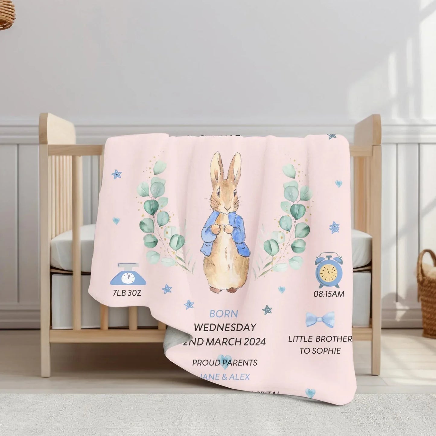 Folded Bunny Tale baby blanket, eco-conscious handmade heirloom