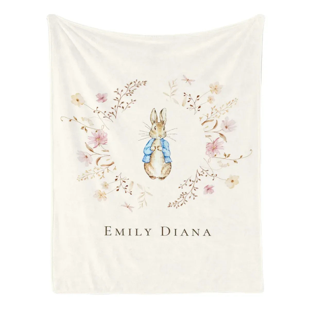 Personalized vintage floral rabbit baby blanket for nursery decor, soft heirloom quality gift.