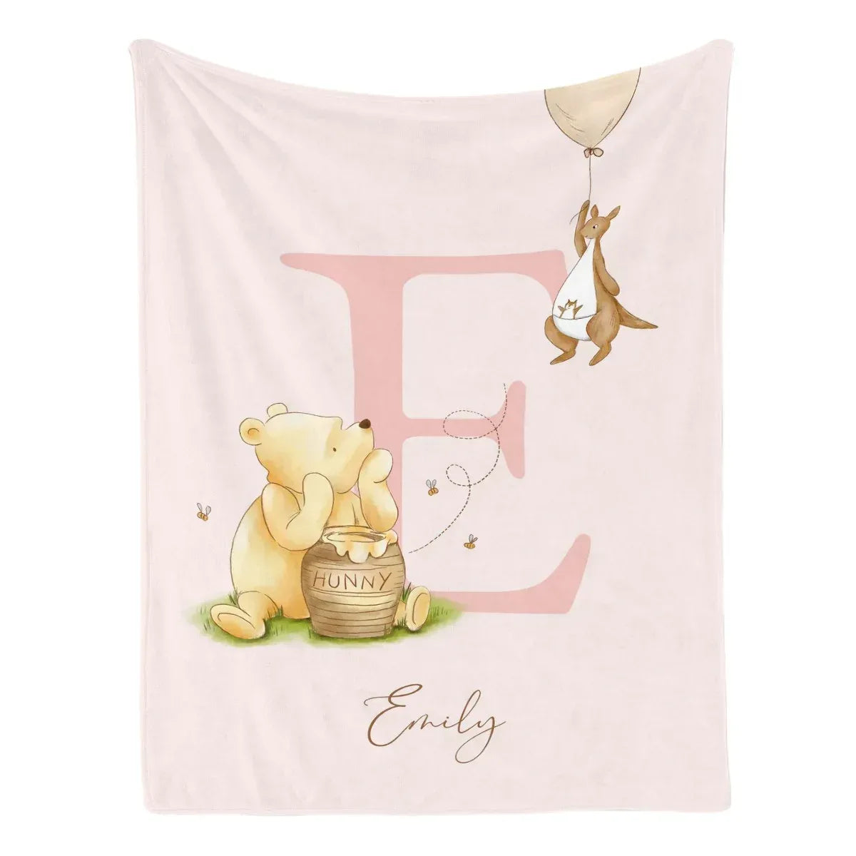 Personalized Winnie Pooh Monogram baby blanket, heirloom-quality storybook nursery decor.