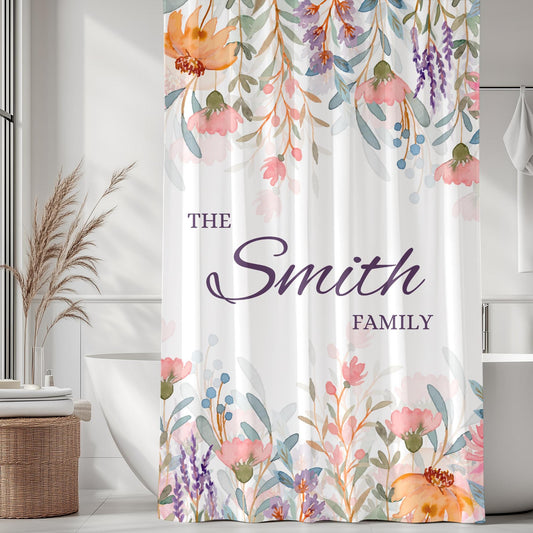 Personalized Floral Shower Curtain – Custom Name Bathroom Decor for Couples, Wedding or Housewarming Gift