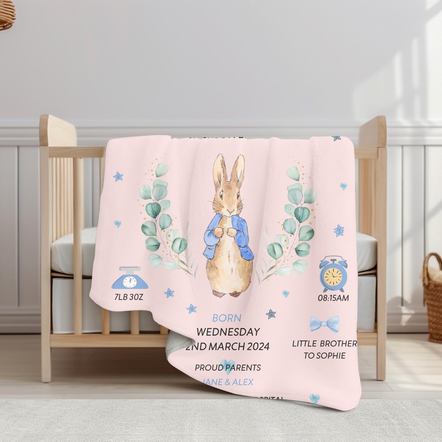Personalized Peter Rabbit Blanket – Baby Girl Gift & Nursery Keepsake