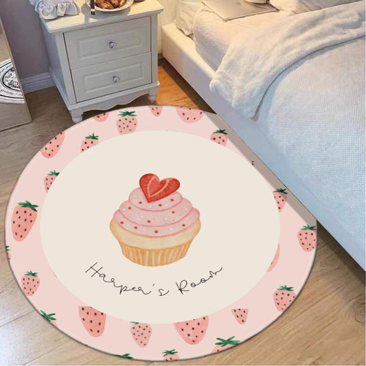 Custom Name Strawberry Cupcake Round Rug – Personalized Carpet for Girls