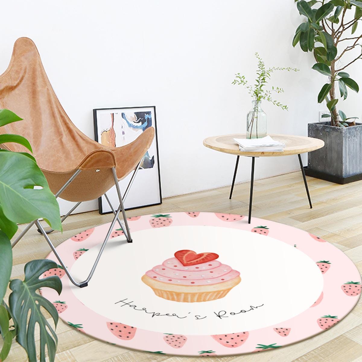 Custom Name Strawberry Cupcake Round Rug – Personalized Carpet for Girls