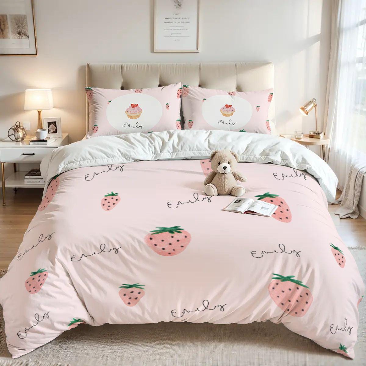Custom Name Strawberry Bedding Set for Girls