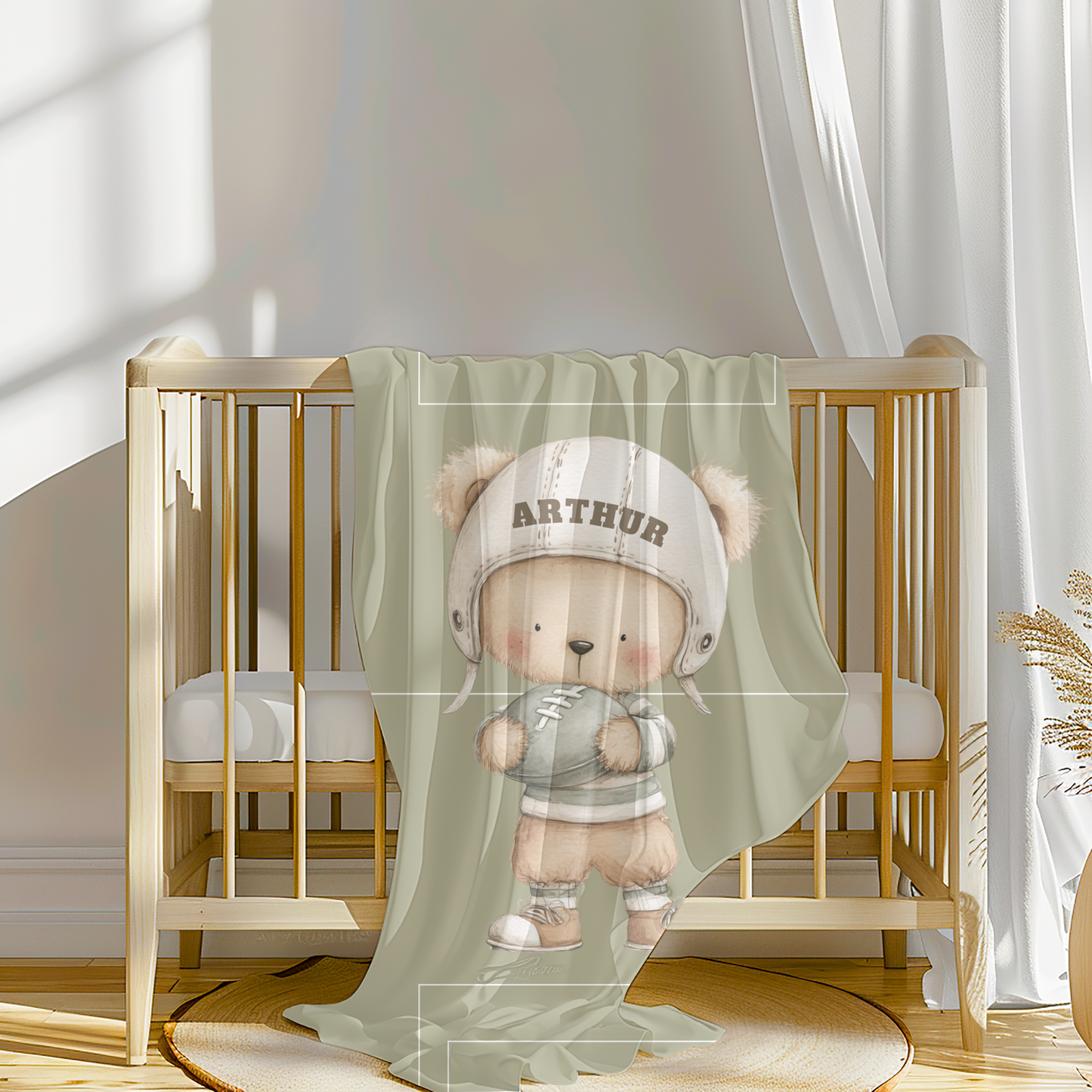 American Football Bear blanket styled in a fun, sports-themed baby nursery.