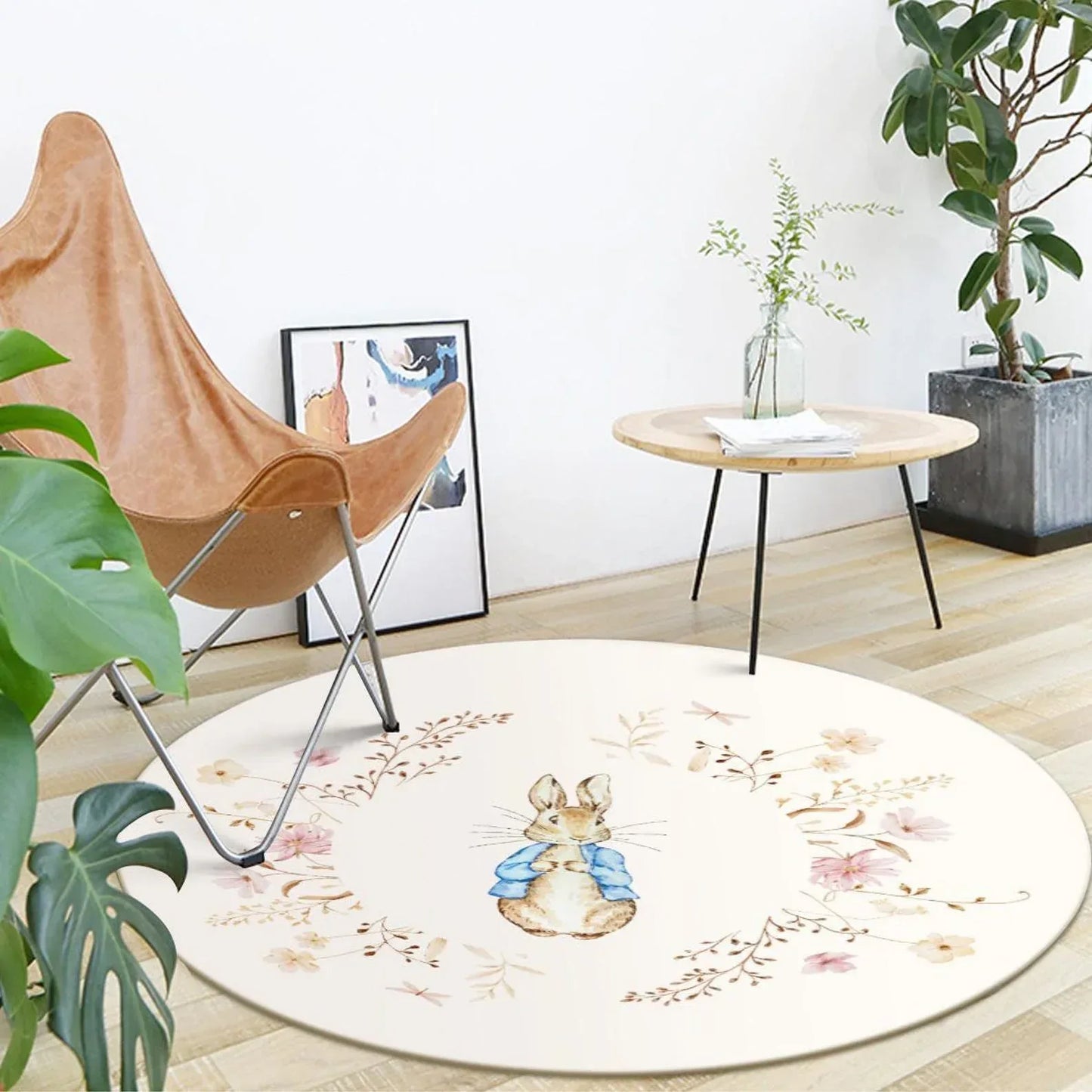 Floral Bunny nursery rug styled in a serene, modern storybook baby bedroom.