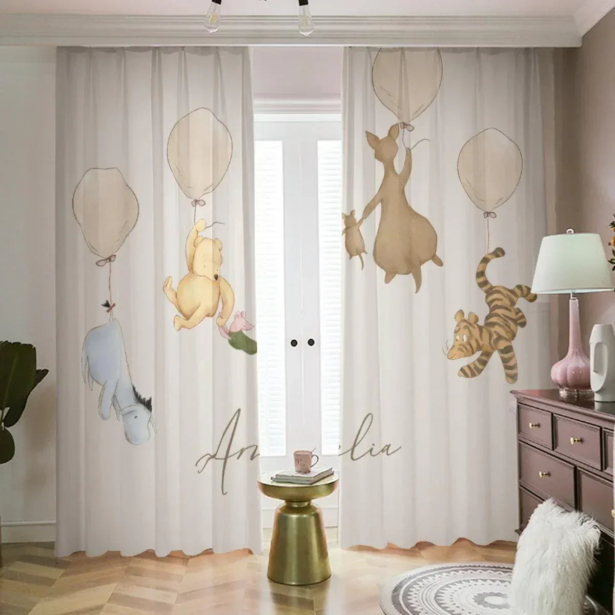 Classic Pooh Adventure curtain styled in an elegant, neutral-toned baby nursery.