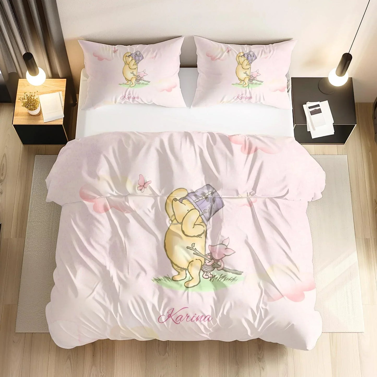 Classic Winnie the Pooh and Piglet  nursery bedding set, soft floor decor for baby.