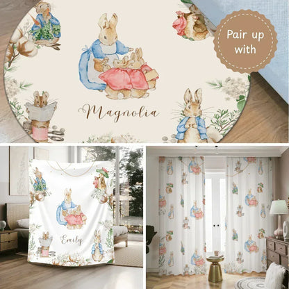 Cohesive vintage bunny nursery theme set with blanket, rug, and curtain, complete storybook room decor.