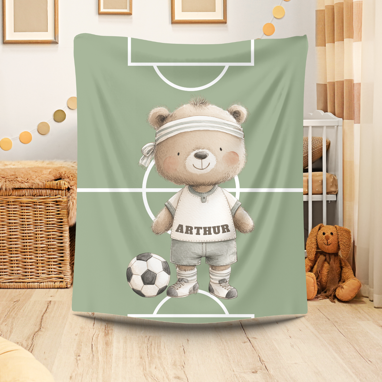 Personalized Soccer Bear baby blanket, sports-themed nursery keepsake.