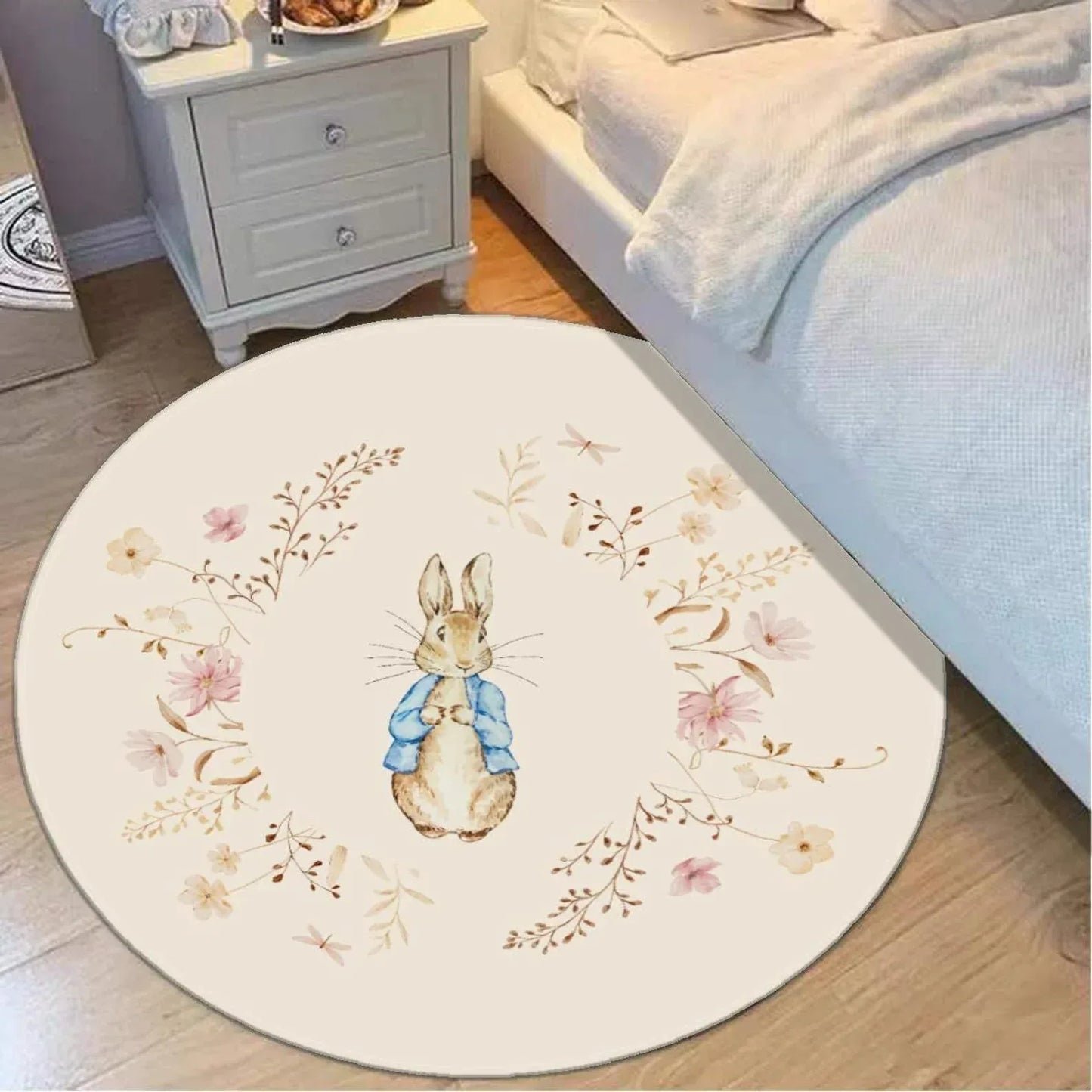 Floral Bunny round rug, whimsical nursery floor decor for baby girls and boys.