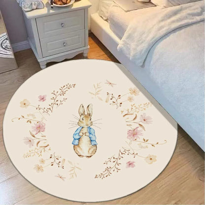 Floral Bunny round rug, whimsical nursery floor decor for baby girls and boys.