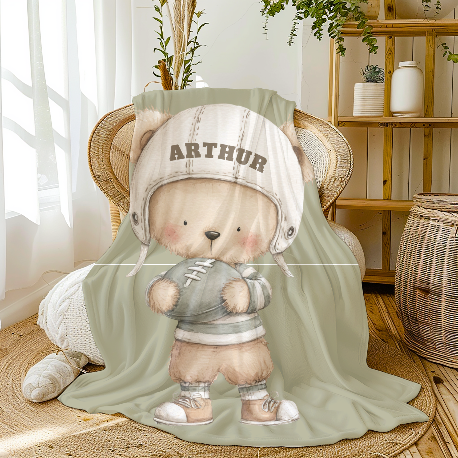 Folded Football Bear kids blanket, handmade heirloom nursery decor.