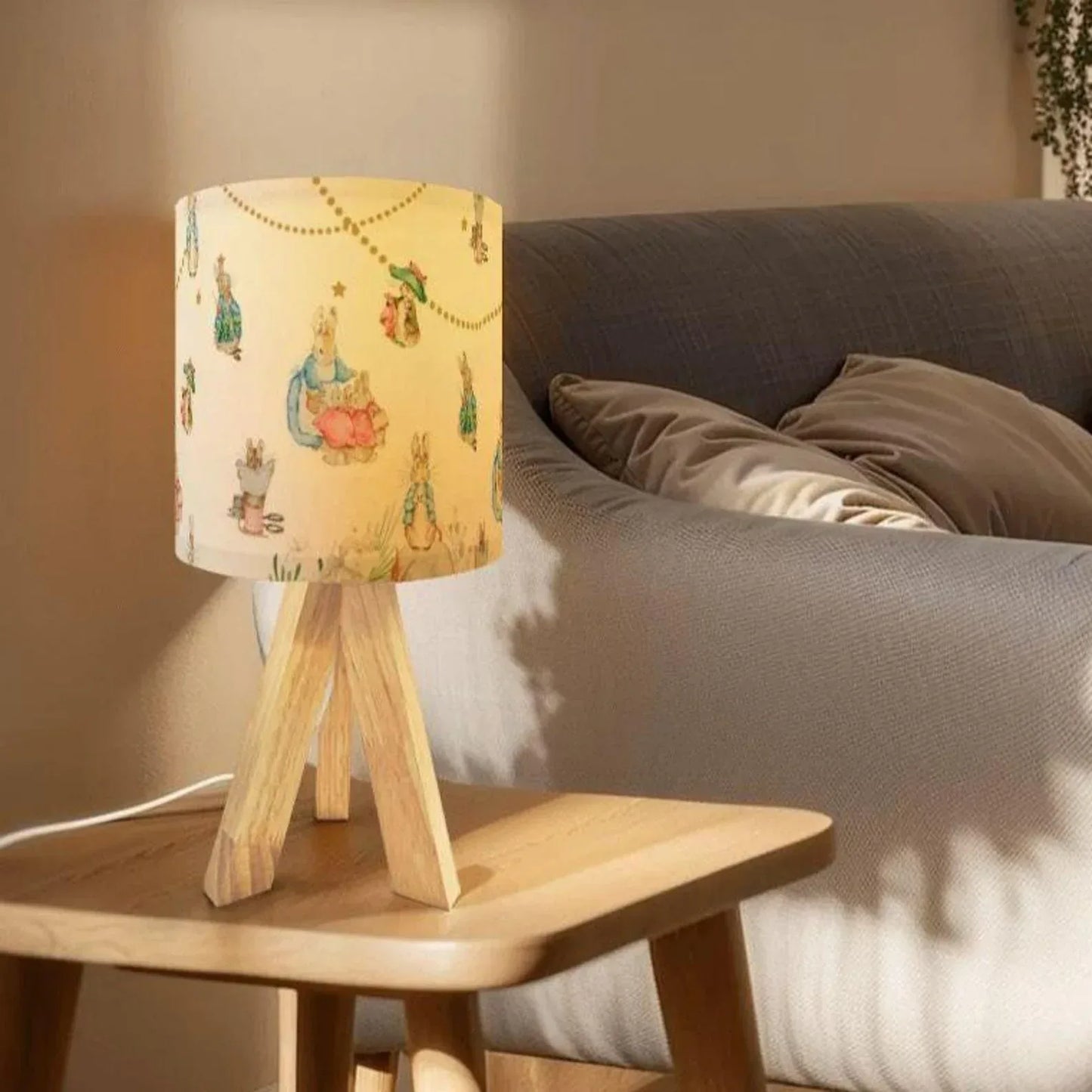Personalized Peter Rabbit and friend light with custom name, storybook floor decor.