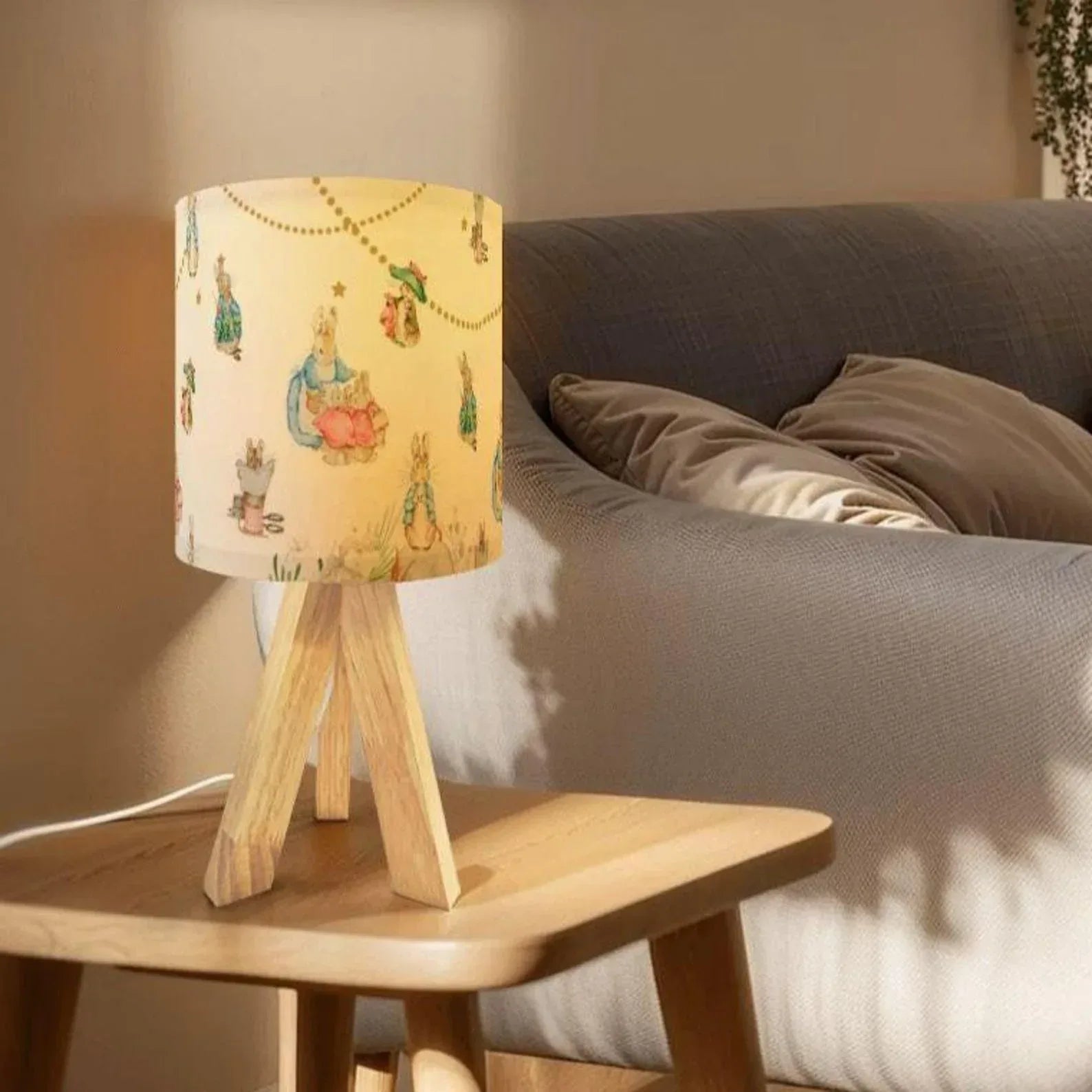 Personalized Peter Rabbit and friend light with custom name, storybook floor decor.