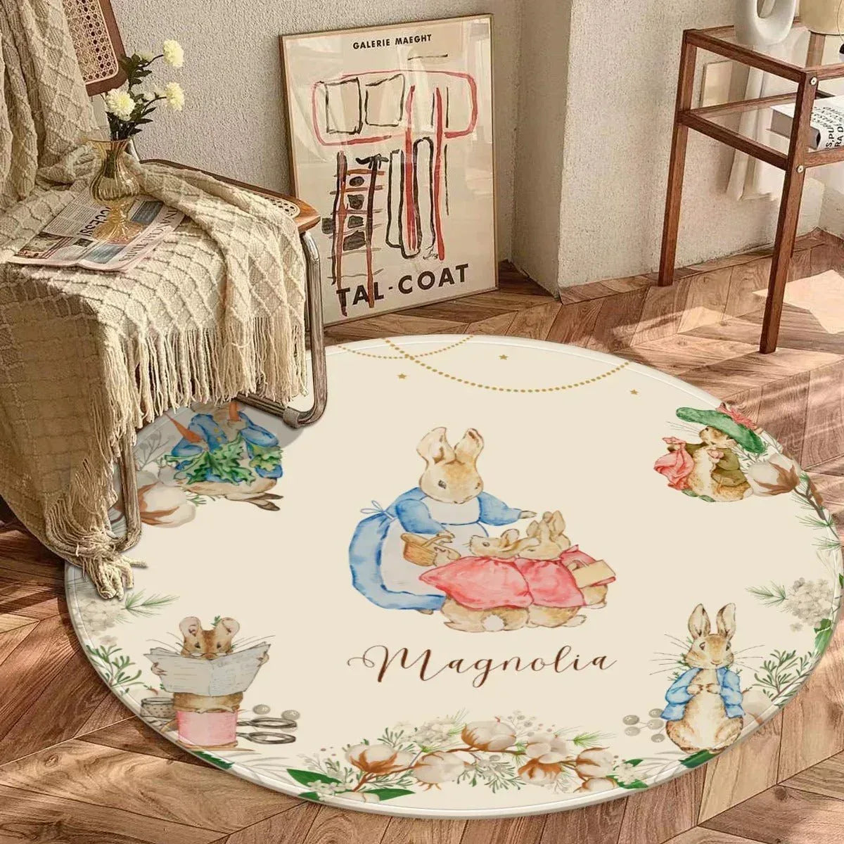 Personalized Peter Rabbit round nursery rug with custom name, storybook floor decor.