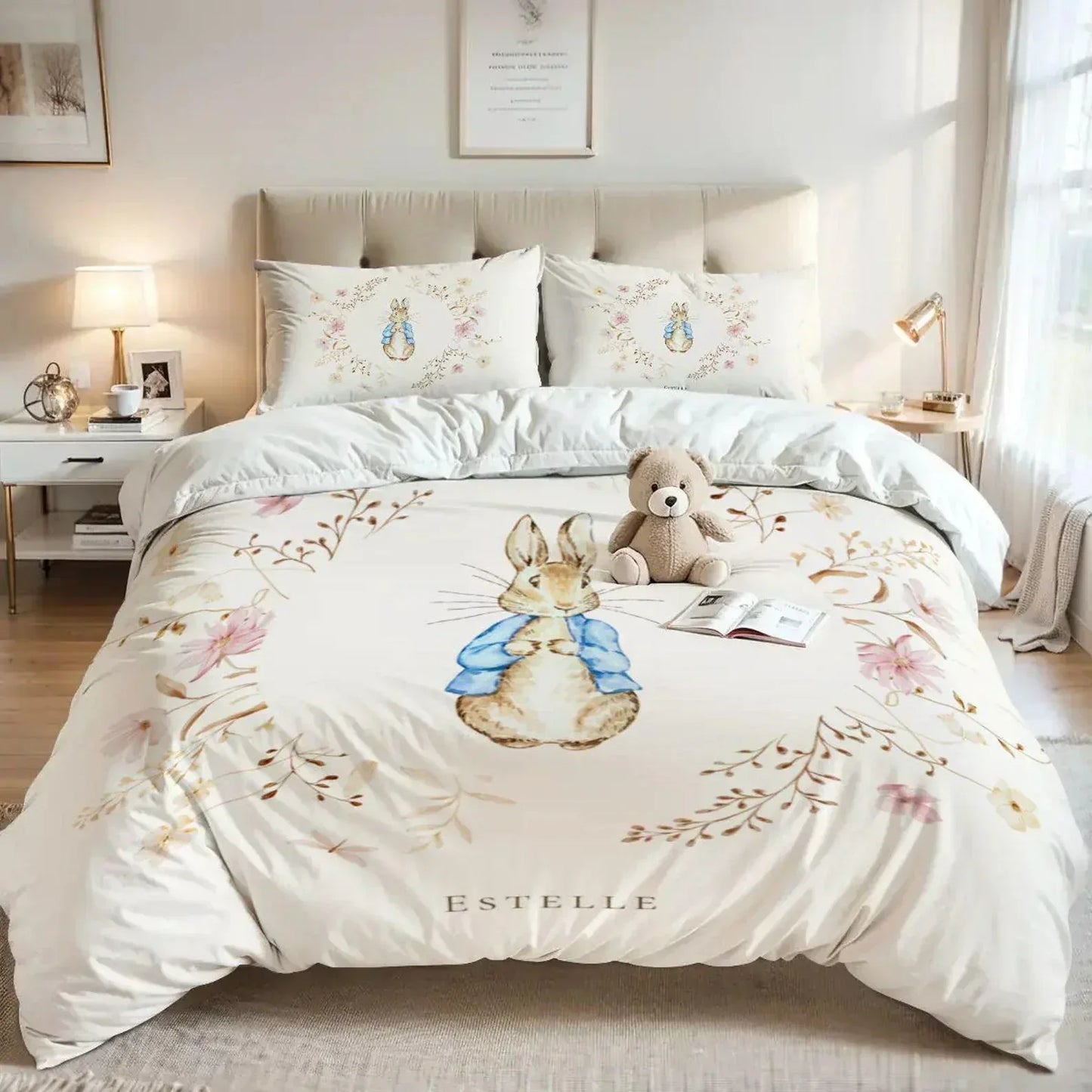 Personalized Peter Rabbit nursery bedding set with custom name, storybook floor decor.