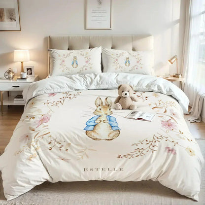 Personalized Peter Rabbit nursery bedding set with custom name, storybook floor decor.