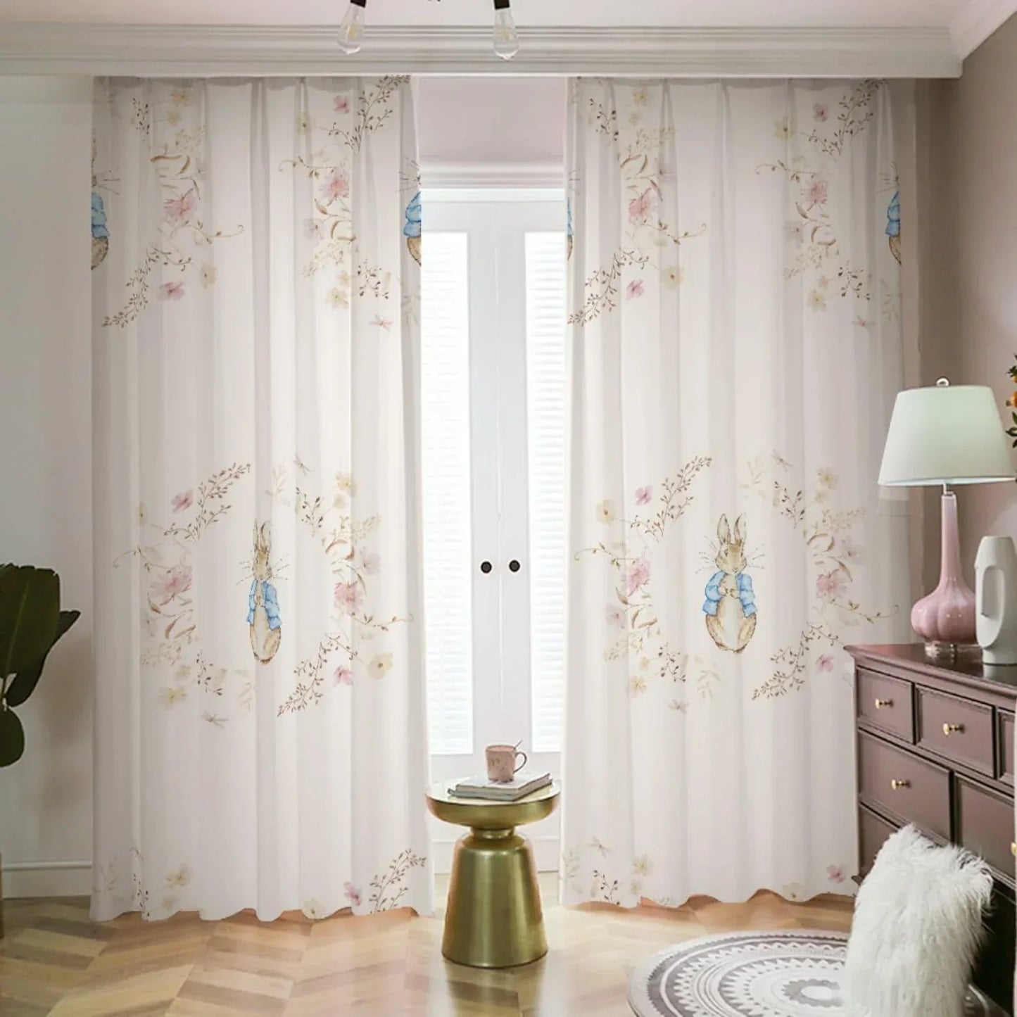 Personalized Peter Rabbit nursery curtain styled in a cozy, neutral baby playroom.