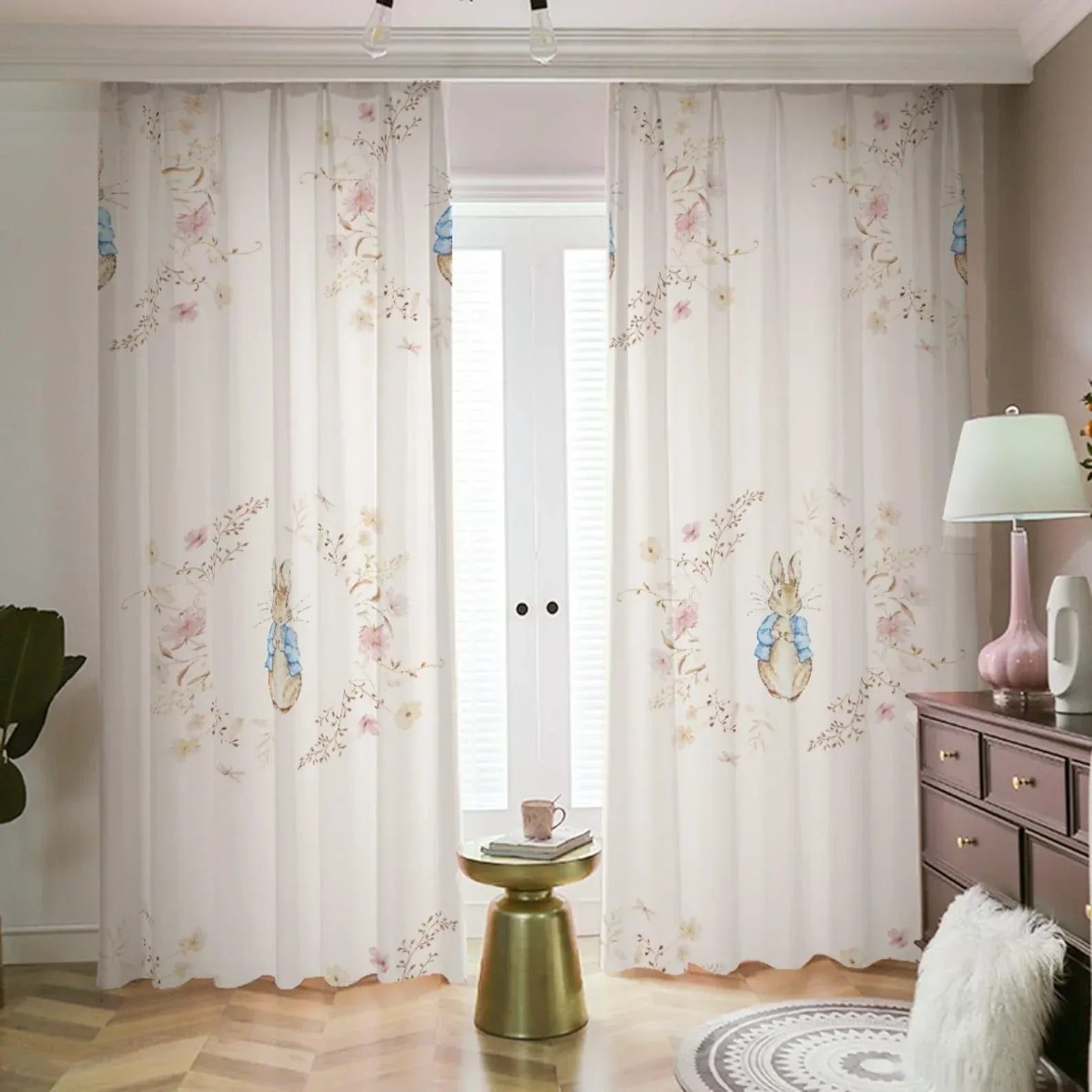 Personalized Peter Rabbit nursery curtain styled in a cozy, neutral baby playroom.