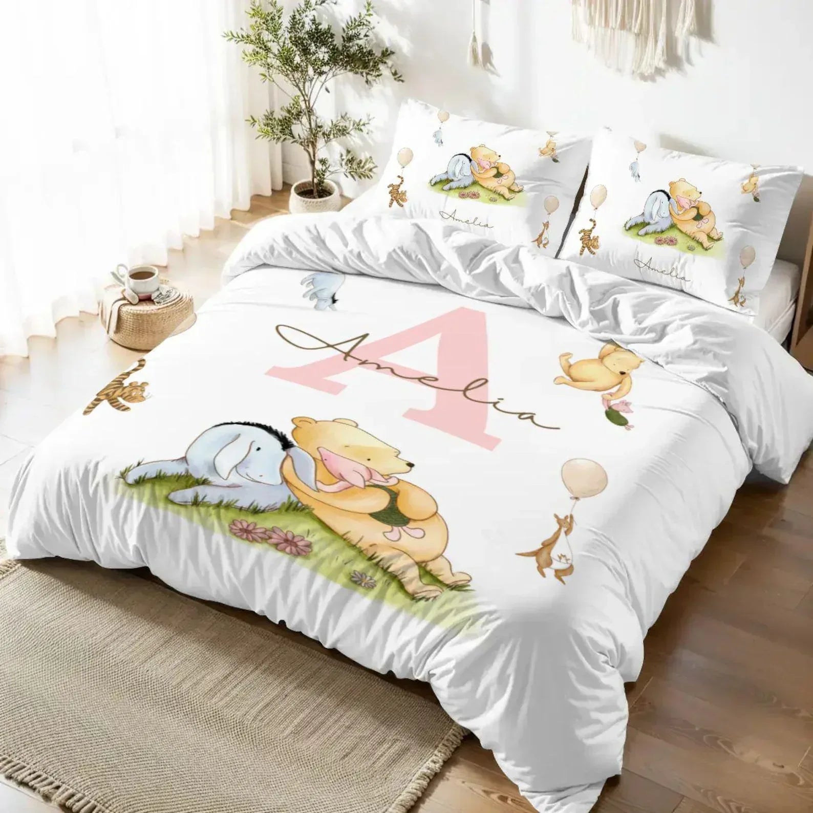 Personalized Winne the Pooh an Friends bedding set, heirloom-quality nursery keepsake.