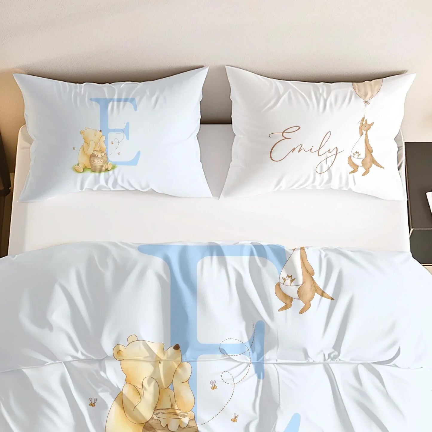 Personalized Winnie the Pooh and Roo bedding set, storybook floor decor.