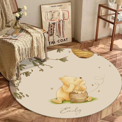 Personalized Winnie the Pooh and friends nursery rug, soft round play mat for boys and girls baby room decor.