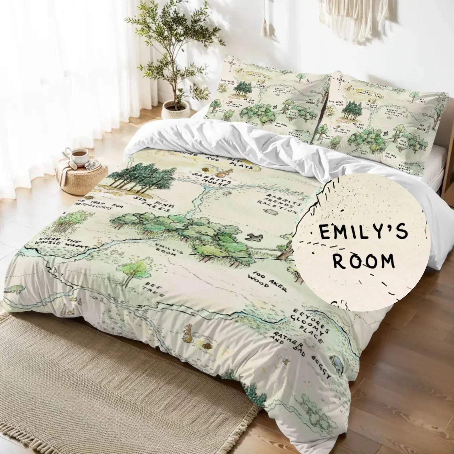 Personalized Winnie the Pooh map bedding set styled in a cozy, neutral-themed nursery.