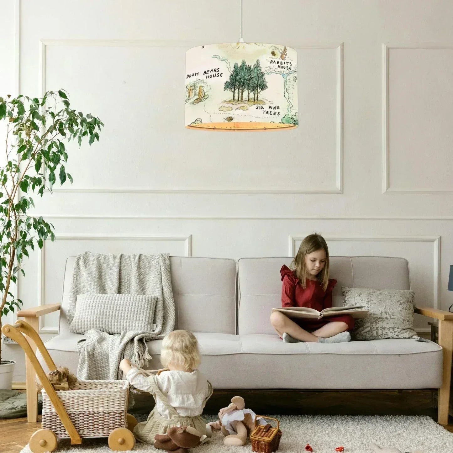 Personalized Winnie the Pooh map ceiling light styled in a cozy, neutral-themed nursery.