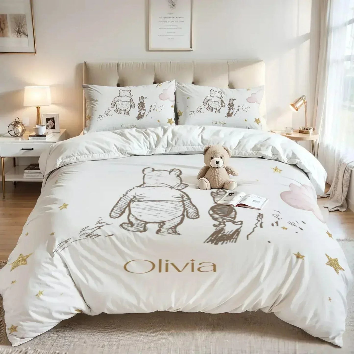 Personalized Winnie the pooh dream bedding set, heirloom-quality storybook nursery decor.