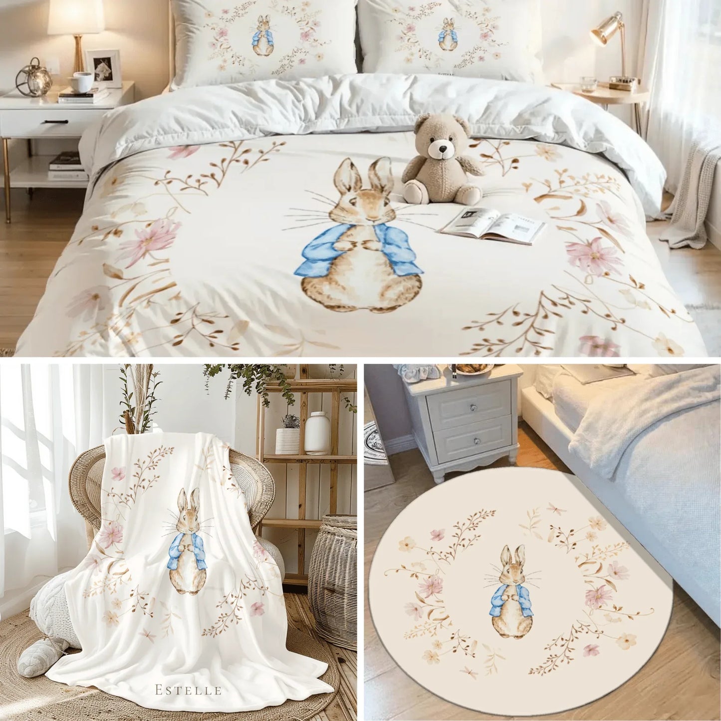 Cohesive Peter Rabbit Floral nursery theme set featuring personalized blankets, perfect for storybook room transformation.
