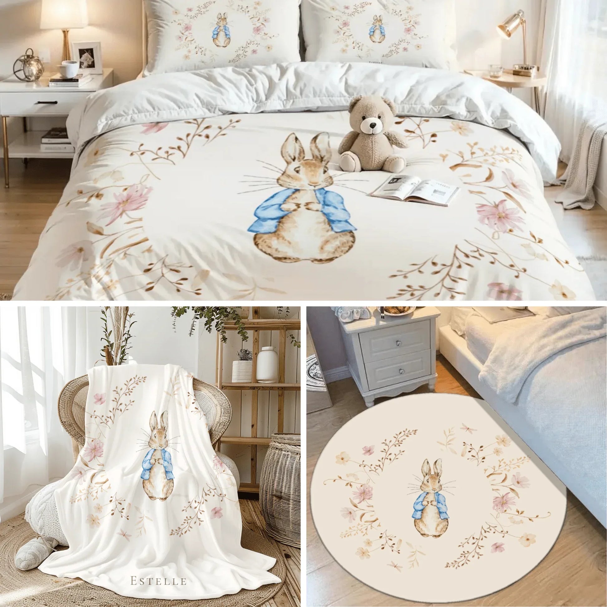 Cohesive Peter Rabbit Floral nursery theme set featuring personalized blankets, perfect for storybook room transformation.