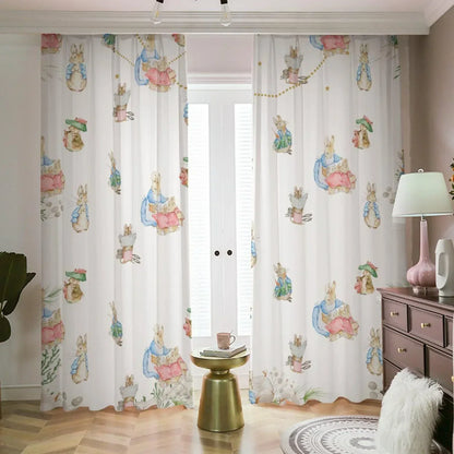 Personalized Peter Rabbit nursery curtain with custom name, storybook floor decor.
