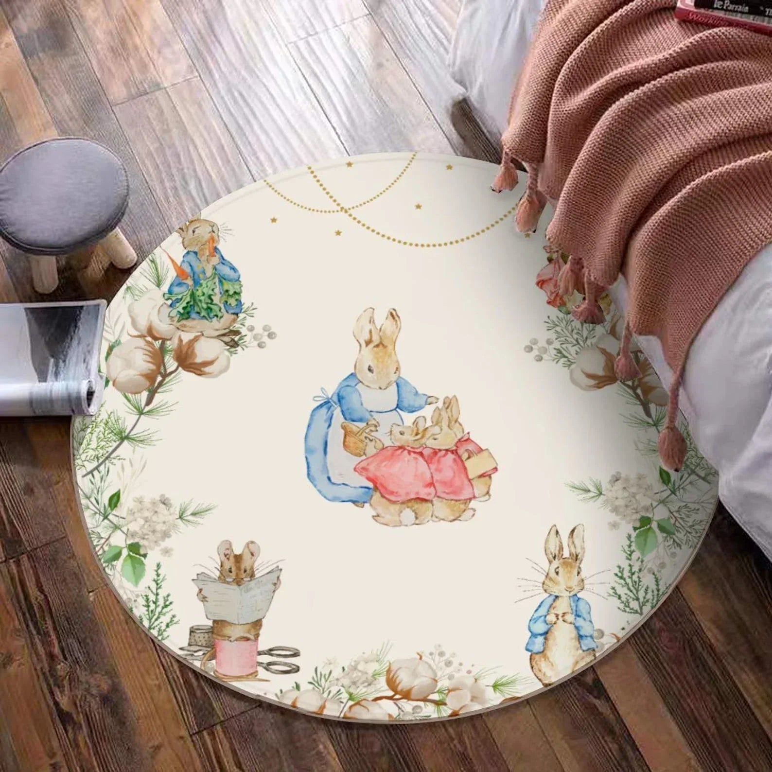 Close-up of premium fabric texture on Peter Rabbit personalized round baby rug.