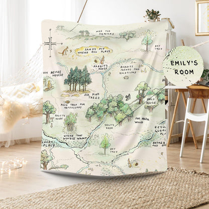 Folded custom Pooh map round play mat, high-quality handmade nursery accent.