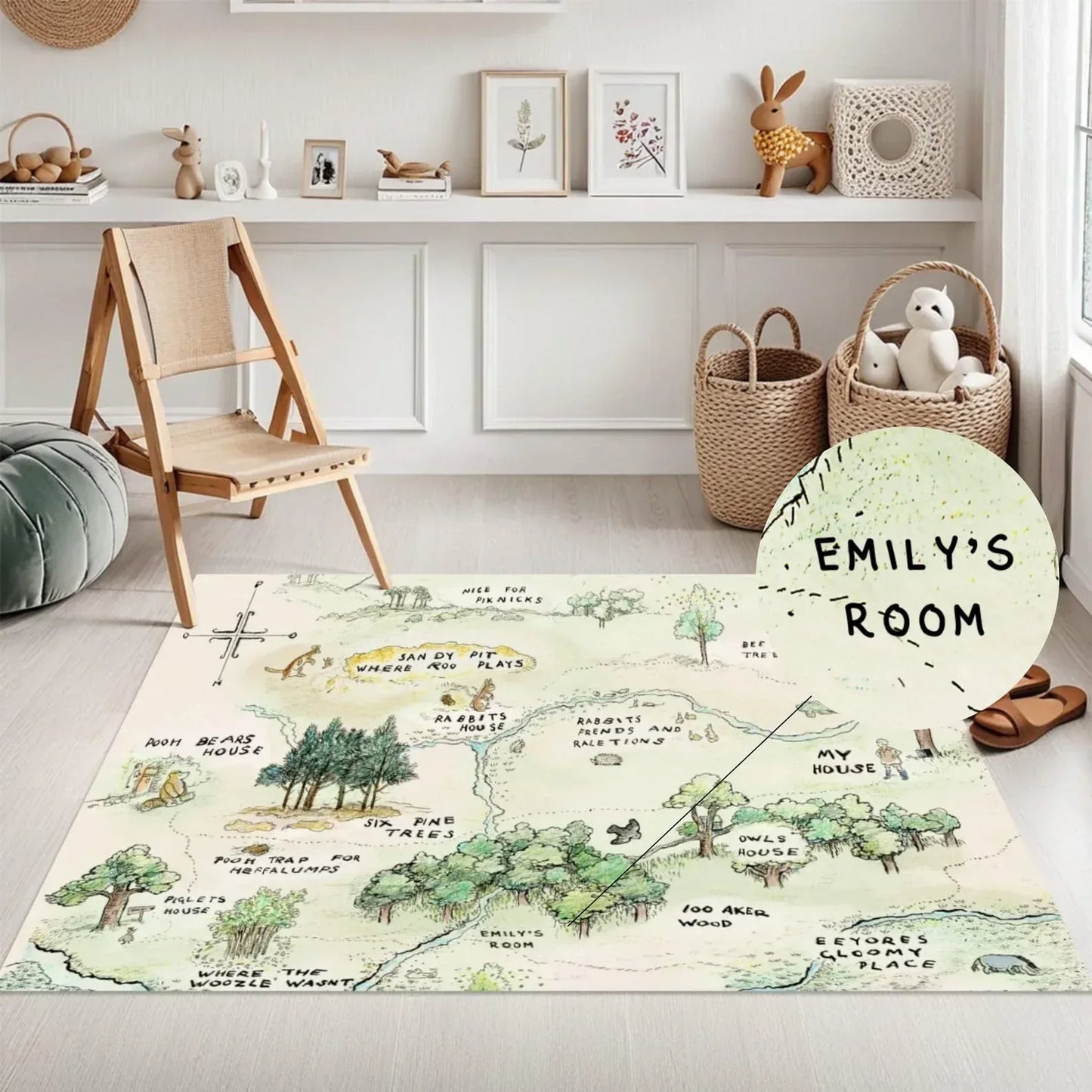 Custom child's name detail on Pooh map nursery rug, perfect baby shower gift.