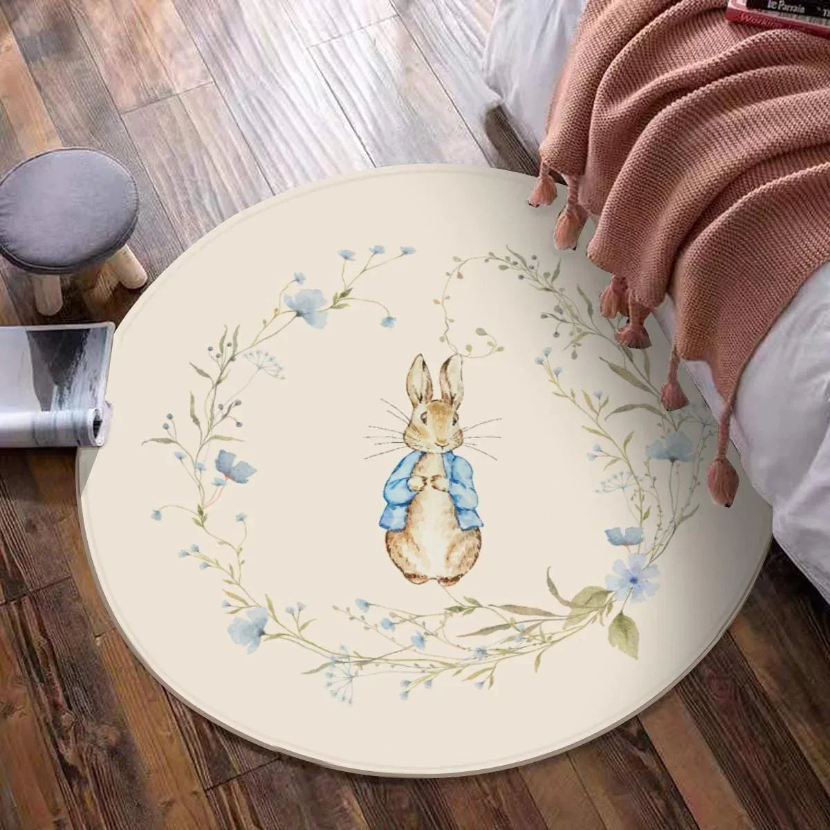 Round floral bunny play mat, cozy and soft floor decor for toddlers.
